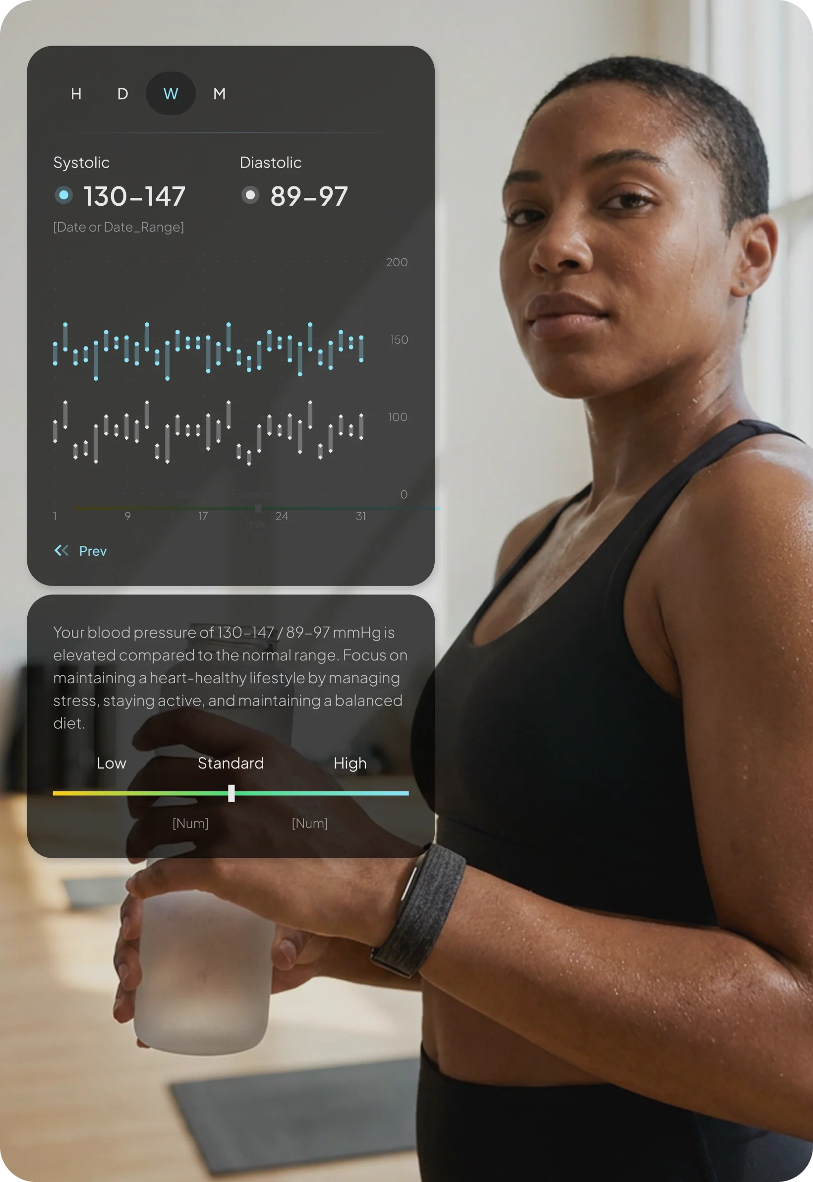 Person wearing a hume band 2.0 while holding a water bottle after exercise. A health dashboard overlay displays weekly blood pressure readings with systolic values of 130–147 mmHg and diastolic values of 89–97 mmHg, indicating elevated blood pressure and lifestyle recommendations.
