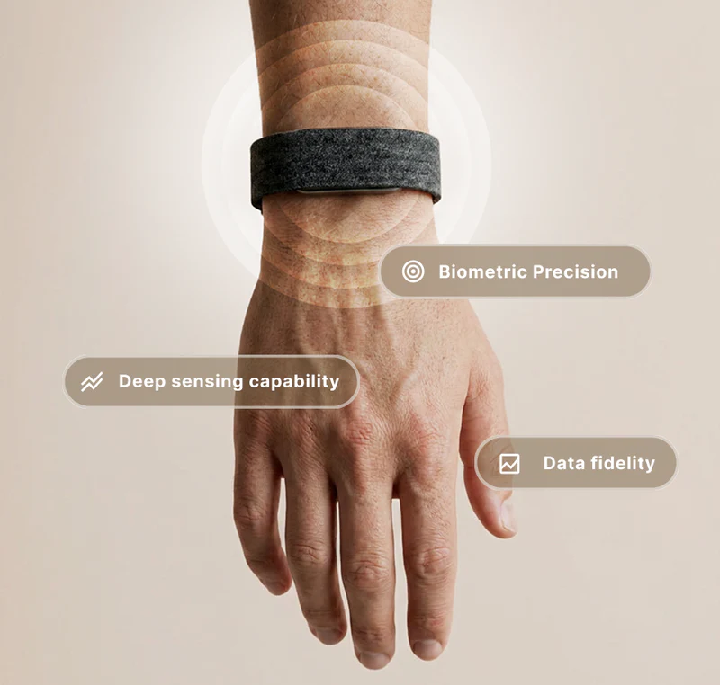 Close-up of a person wearing a hume band 2.0 with visual overlays highlighting biometric precision, deep sensing capability, and data fidelity to emphasize advanced sensor accuracy and health monitoring performance.