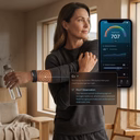 Image showing a woman holding a water bottle and wearing a Band 2.0 fitness tracker on her wrist, indoors near large windows. A smartphone displays a 'Health Score' of 707 along with metabolic flexibility and capacity graphs. An overlay reads 'C+' with a note about improved recovery, and a 'Pro.F Observation' highlighting stronger nervous system resilience linked to healthier aging.