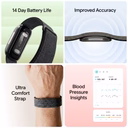 Four-panel image showcasing Band 2.0 features: top left shows the device with text '14 Day Battery Life,' top right shows a close-up of the sensor with 'Improved Accuracy,' bottom left shows the band worn on a wrist with 'Ultra Comfort Strap,' and bottom right displays a heart rate and blood pressure tracking dashboard with 'Blood Pressure Insights.