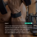 Image of a person lifting dumbbells in a gym while wearing the Band 2.0 fitness tracker on their wrist. Below, a customer review from Casey D. with a 4.5-star rating describes switching from another wearable and gaining over 2.3 extra years of lifespan within three months of use.