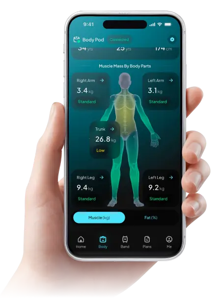 Hand holding smartphone displaying Hume Body Pod app with segmental body composition analysis showing muscle mass by body parts including arms, legs, and trunk.