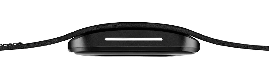 Side profile view of a hume band 2.0  with a curved display and a thin black strap, centered on a light gray background. The watch face appears ultra-thin with a minimalist design and a narrow horizontal white indicator on the screen.