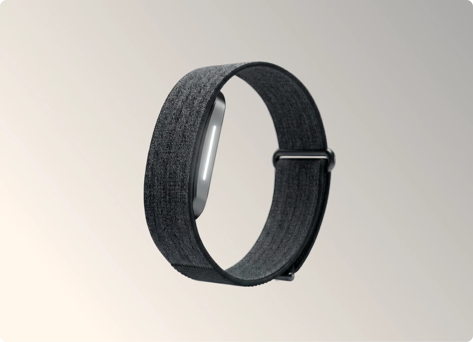 Fitness tracker band 2.0 with woven charcoal grey fabric strap and metal buckle clasp, shown on white background